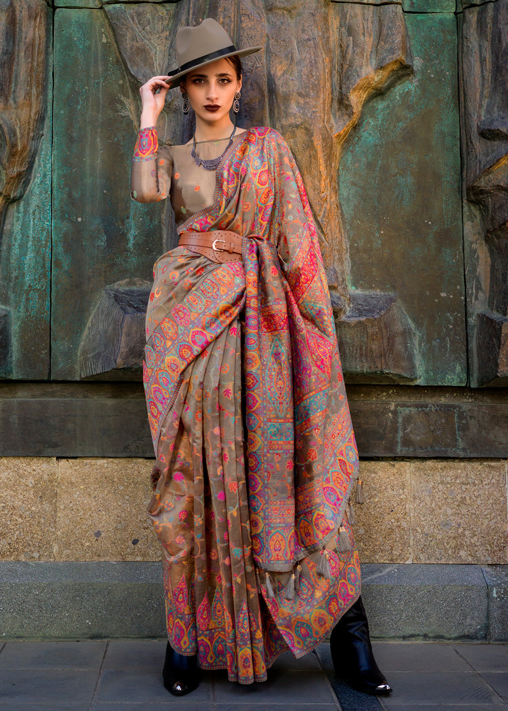 Buy MySilkLove Cumin  Brown Jamawar Woven Organza Silk Saree Online