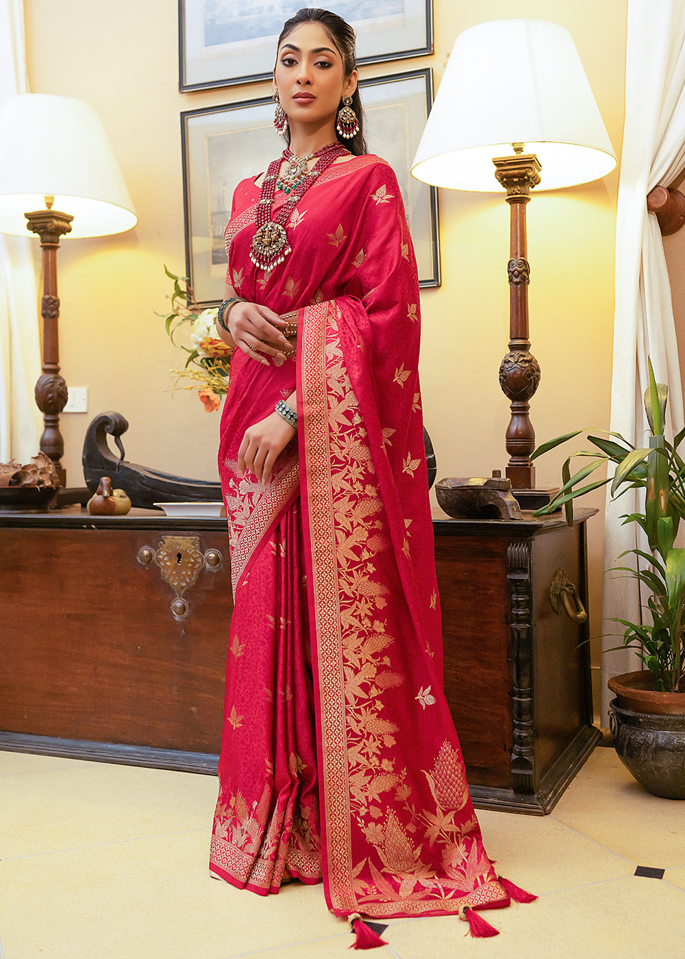 MySilkLove Cardinal Red Woven Satin Silk Saree