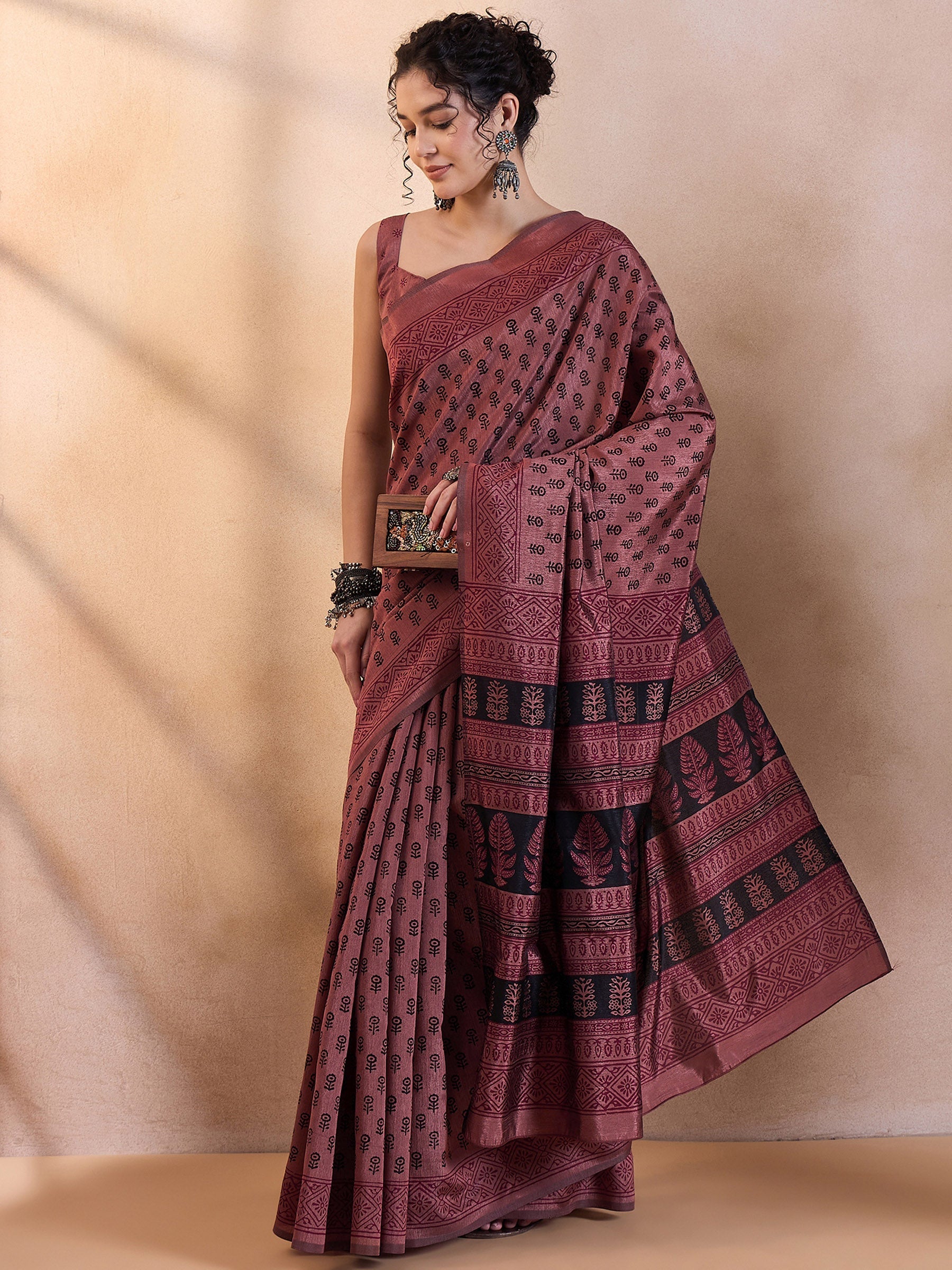 Buy MySilkLove Au Chico Brown Printed Dola Silk Saree Online