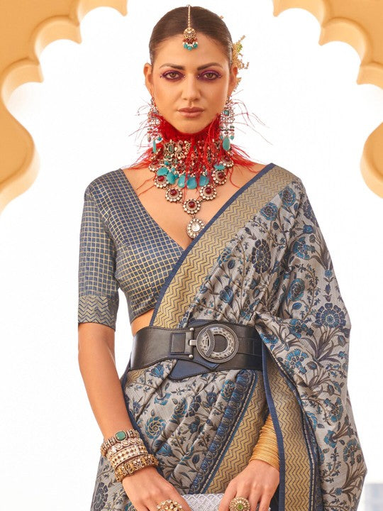 Buy MySilkLove Lynch Blue and Grey Printed Patola Saree Online