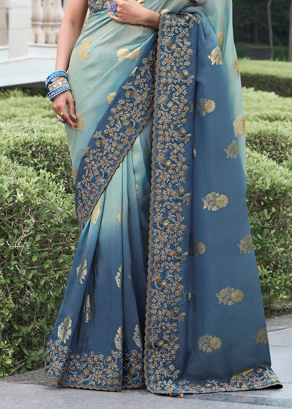 Buy MySilkLove Celeste Blue Embroidered Designer Silk Saree Online