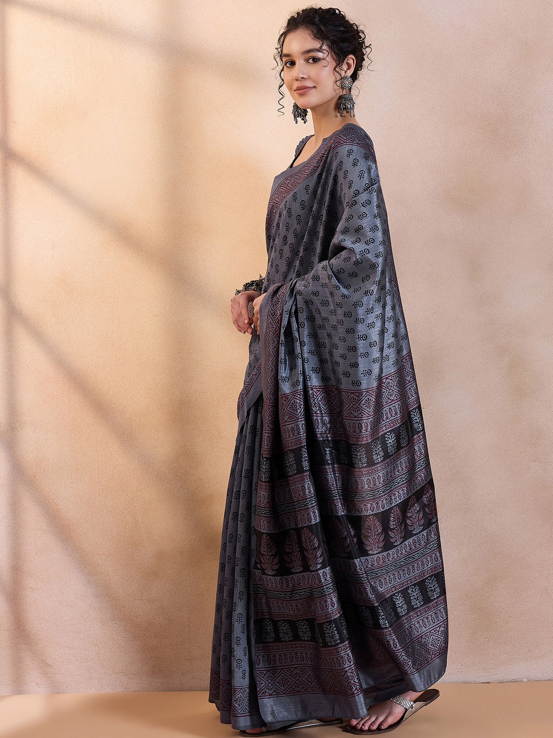 Buy MySilkLove Shuttle Grey Printed Dola Silk Saree Online