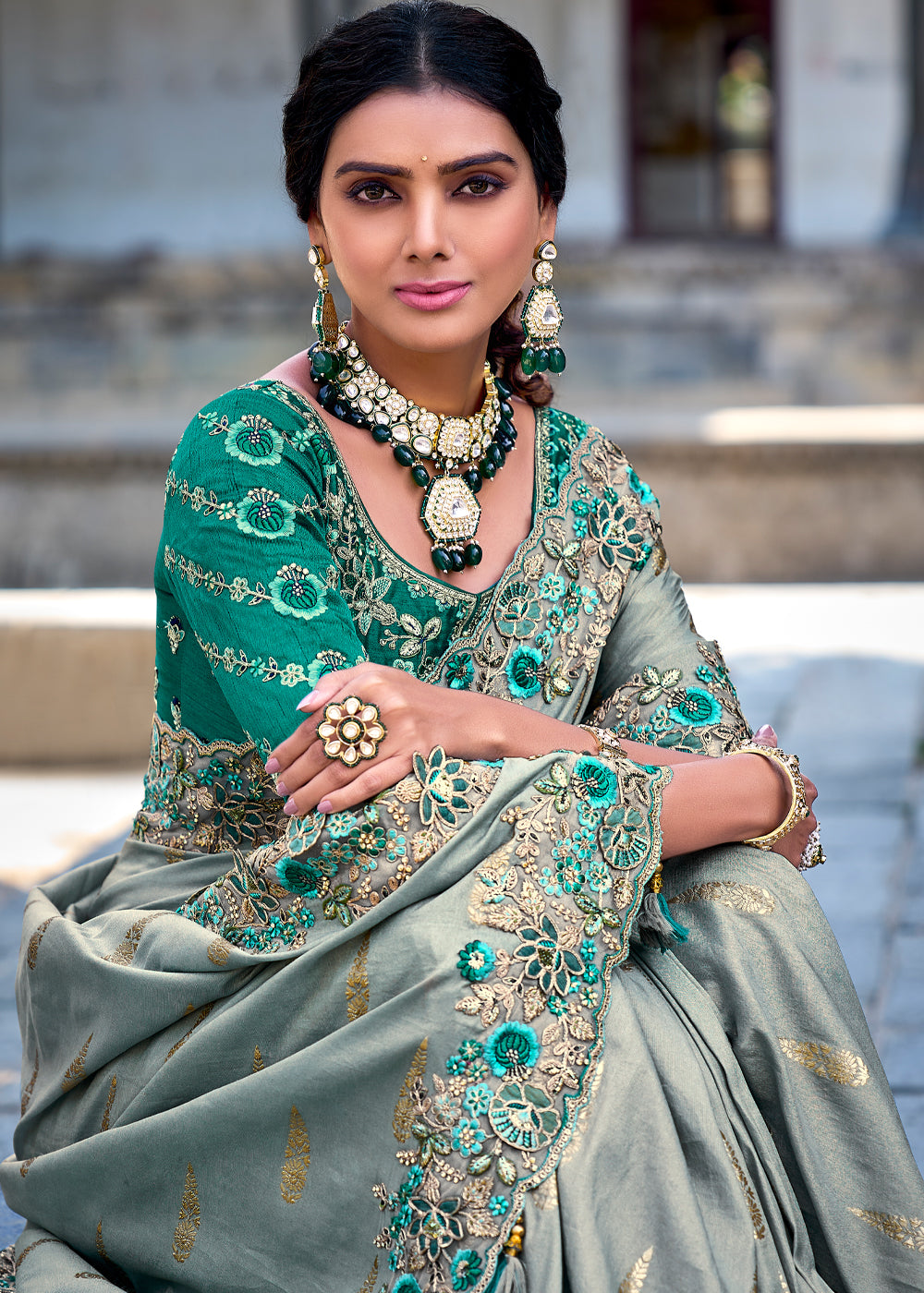 MySilkLove Opal Green Woven Designer Banarasi Embroidered Silk Saree