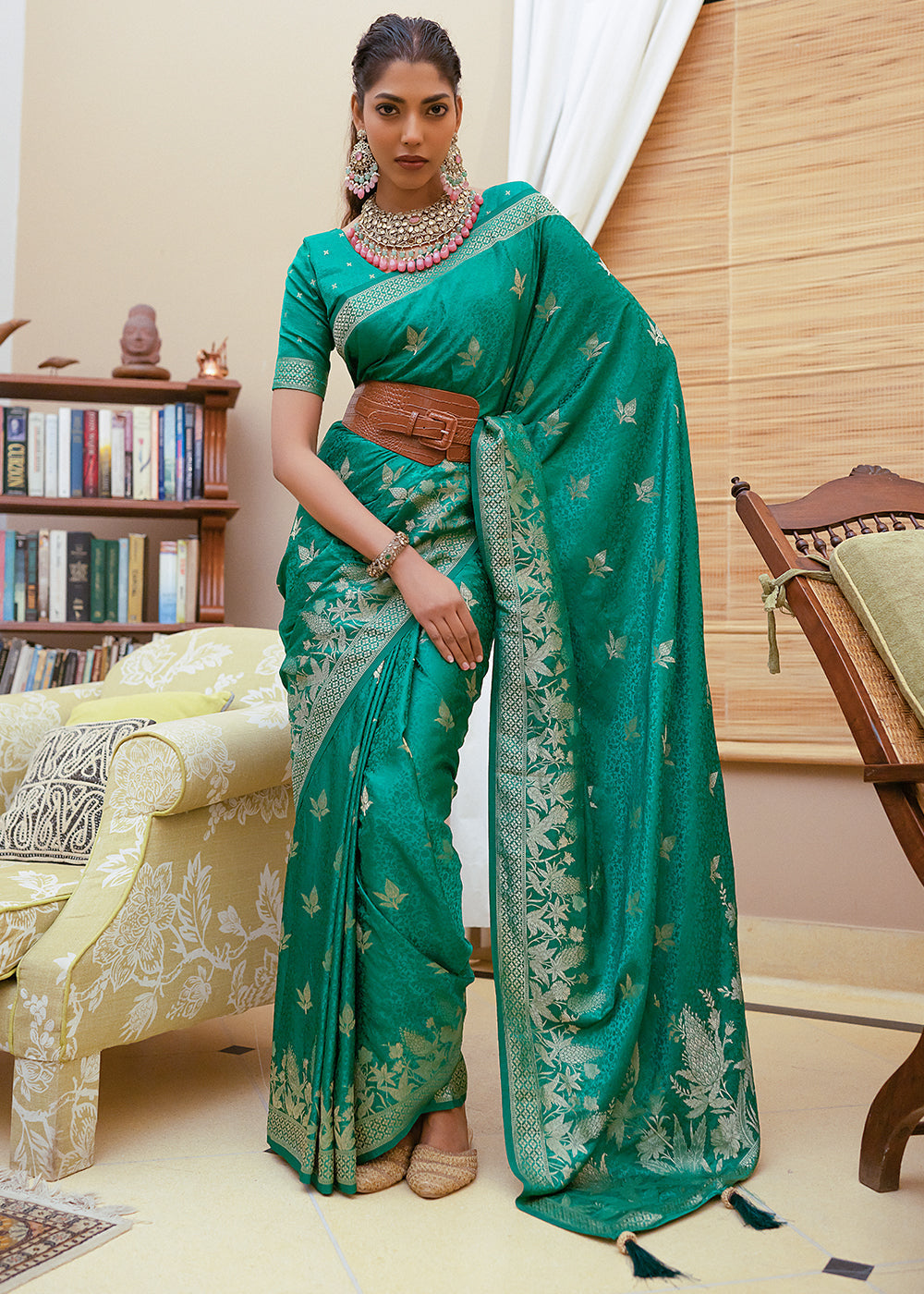 Buy MySilkLove Salem Green Woven Satin Silk Saree Online