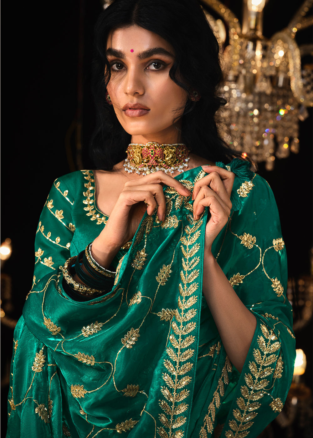 Buy MySilkLove Genoa Green Embroidered Designer Satin Silk Saree Online