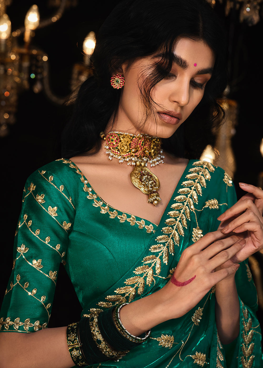 Buy MySilkLove Genoa Green Embroidered Designer Satin Silk Saree Online