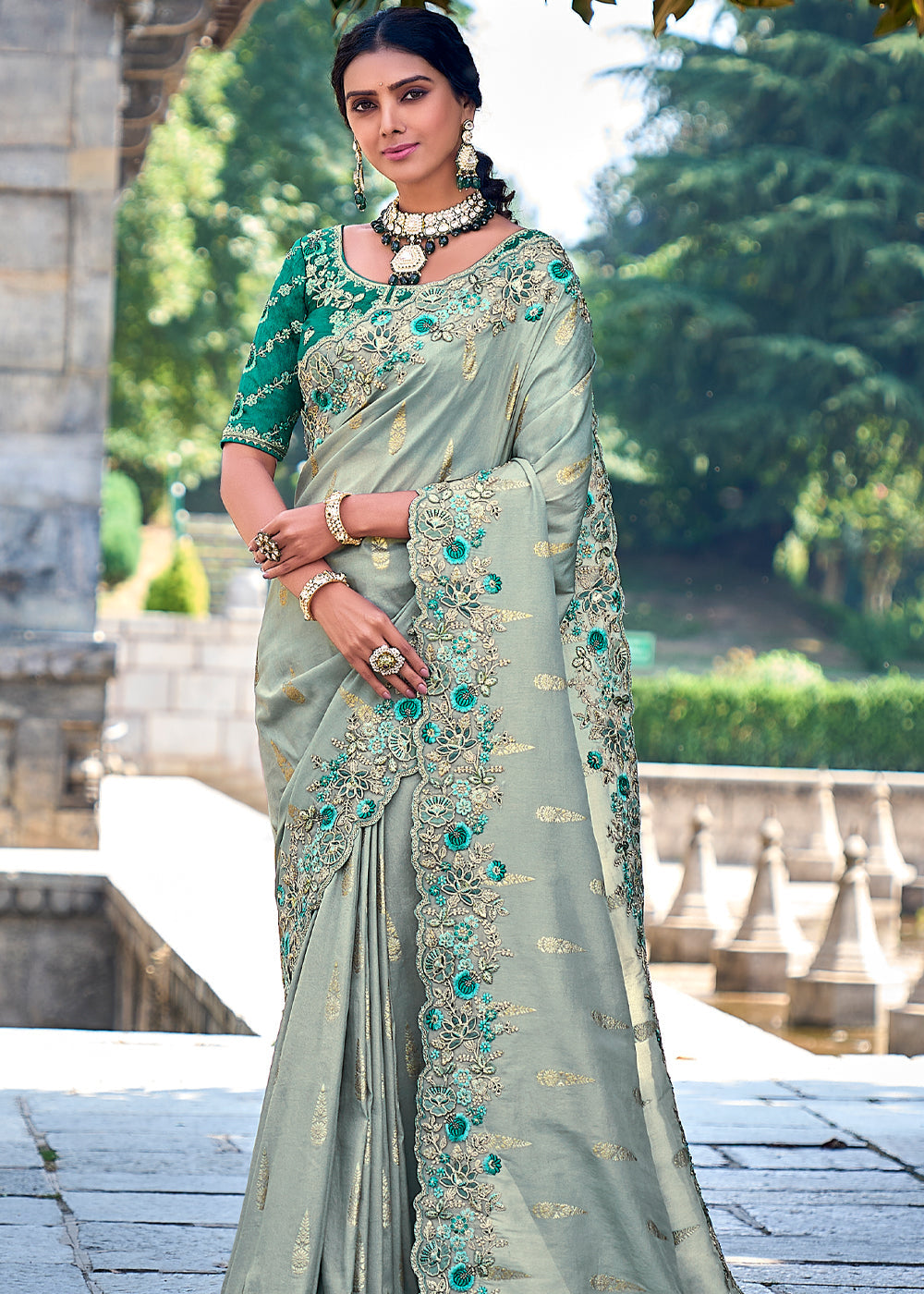 Buy MySilkLove Opal Green Woven Designer Banarasi Embroidered Silk Saree Online