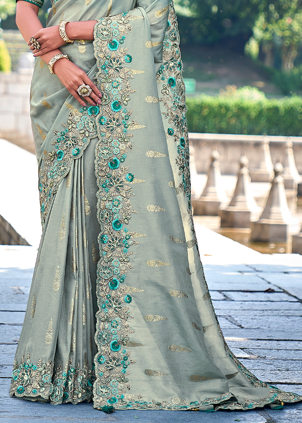 Buy MySilkLove Opal Green Woven Designer Banarasi Embroidered Silk Saree Online
