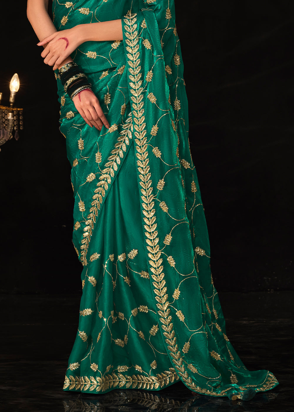 Buy MySilkLove Genoa Green Embroidered Designer Satin Silk Saree Online