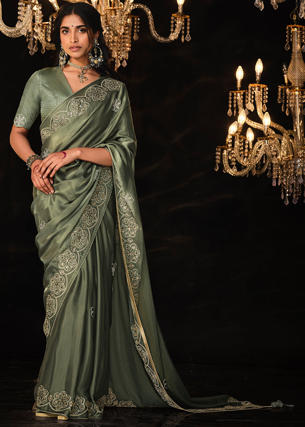 Buy MySilkLove Siam Green Embroidered Designer Satin Silk Saree Online