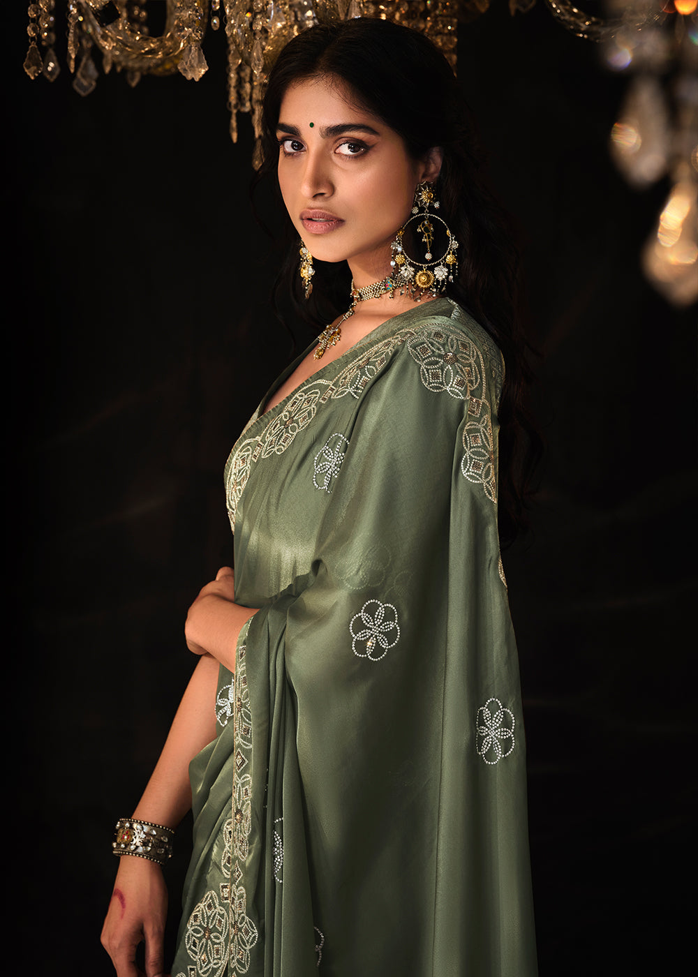 MySilkLove Siam Green Embroidered Designer Satin Silk Saree