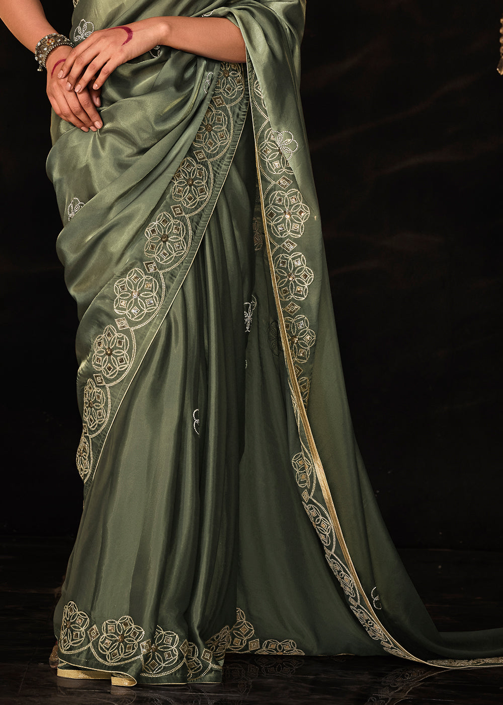 Buy MySilkLove Siam Green Embroidered Designer Satin Silk Saree Online