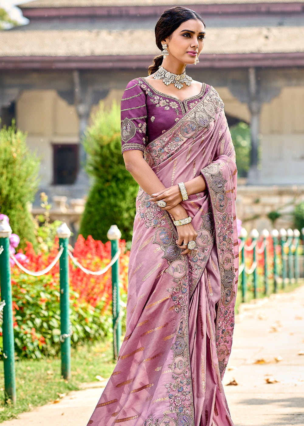 Buy MySilkLove Persian Pink Woven Designer Banarasi Embroidered Silk Saree Online