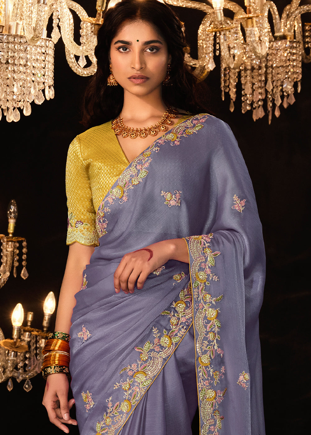 Buy MySilkLove Yardley Purple Embroidered Designer Satin Silk Saree Online