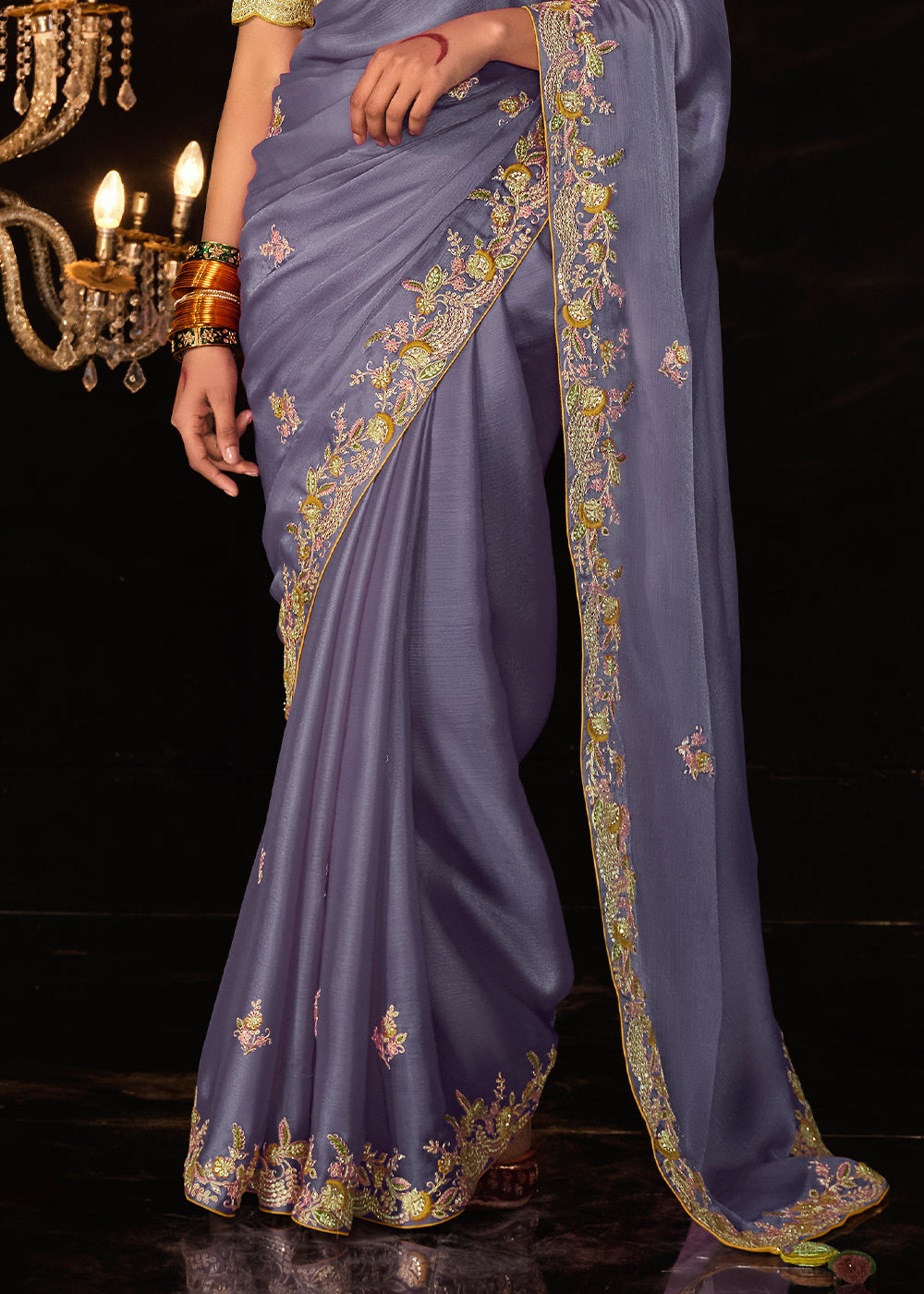 Buy MySilkLove Yardley Purple Embroidered Designer Satin Silk Saree Online