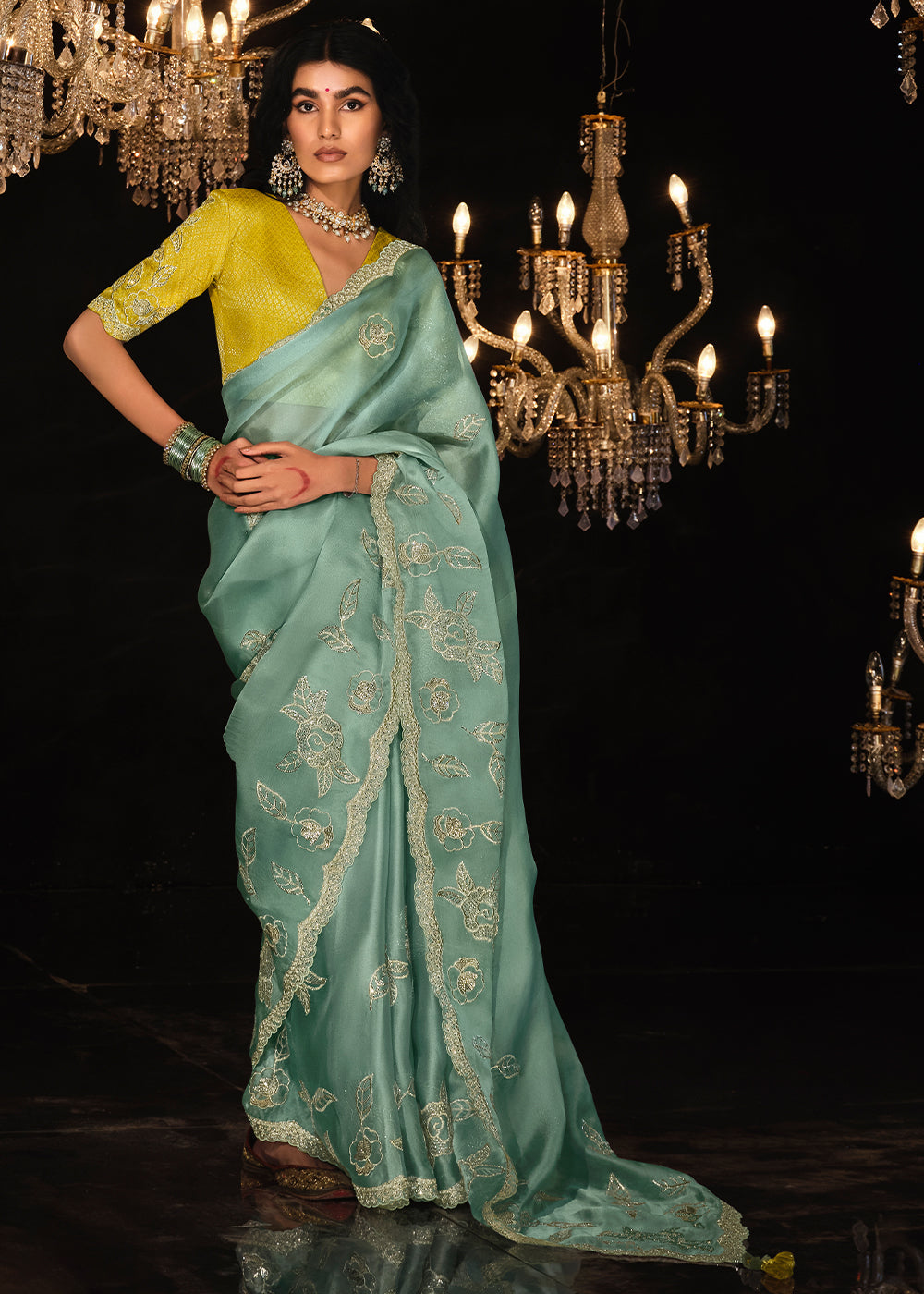 Buy MySilkLove Spanish Green Embroidered Designer Satin Silk Saree Online