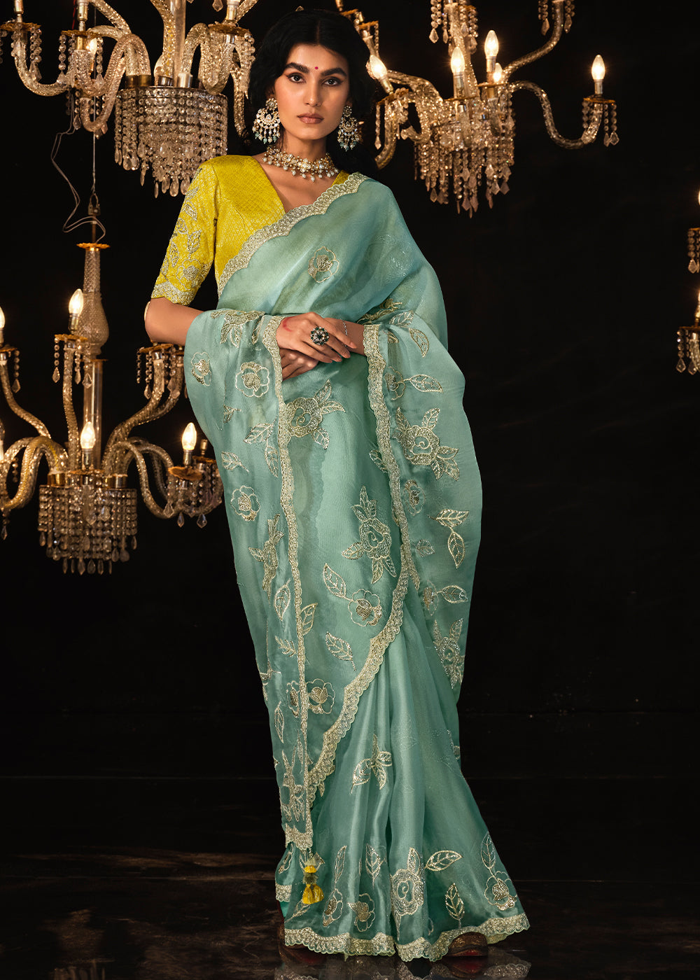 MySilkLove Spanish Green Embroidered Designer Satin Silk Saree