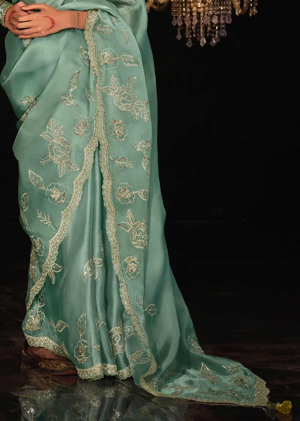 Buy MySilkLove Spanish Green Embroidered Designer Satin Silk Saree Online