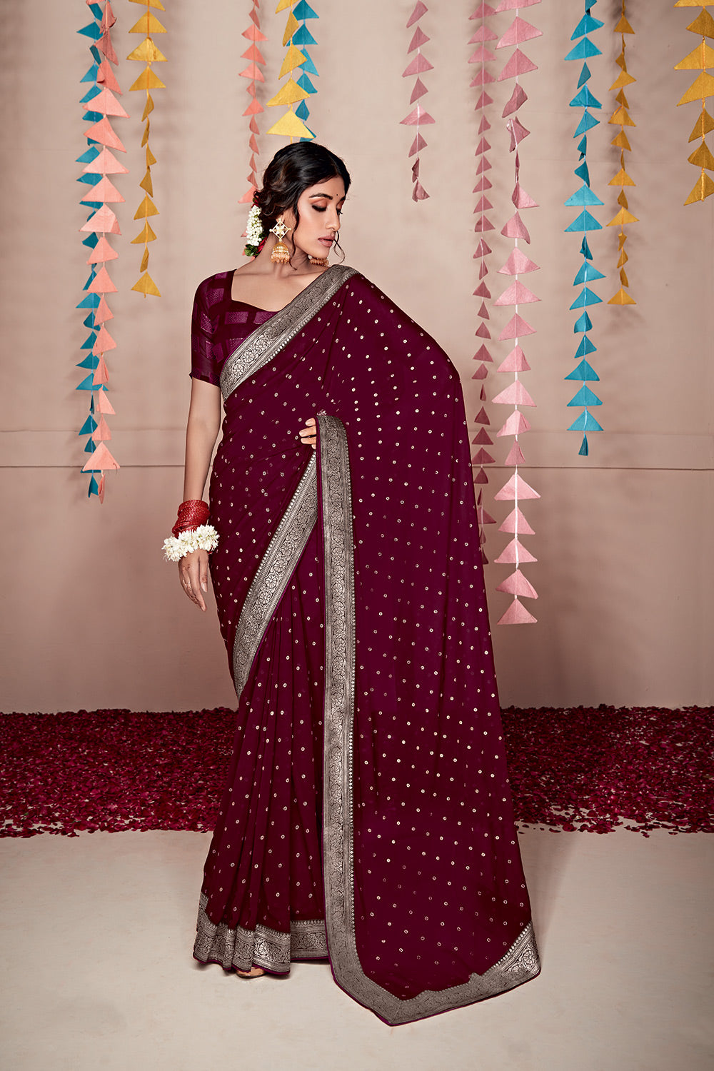 Buy MySilkLove Castro Maroon Woven Georgette Saree Online