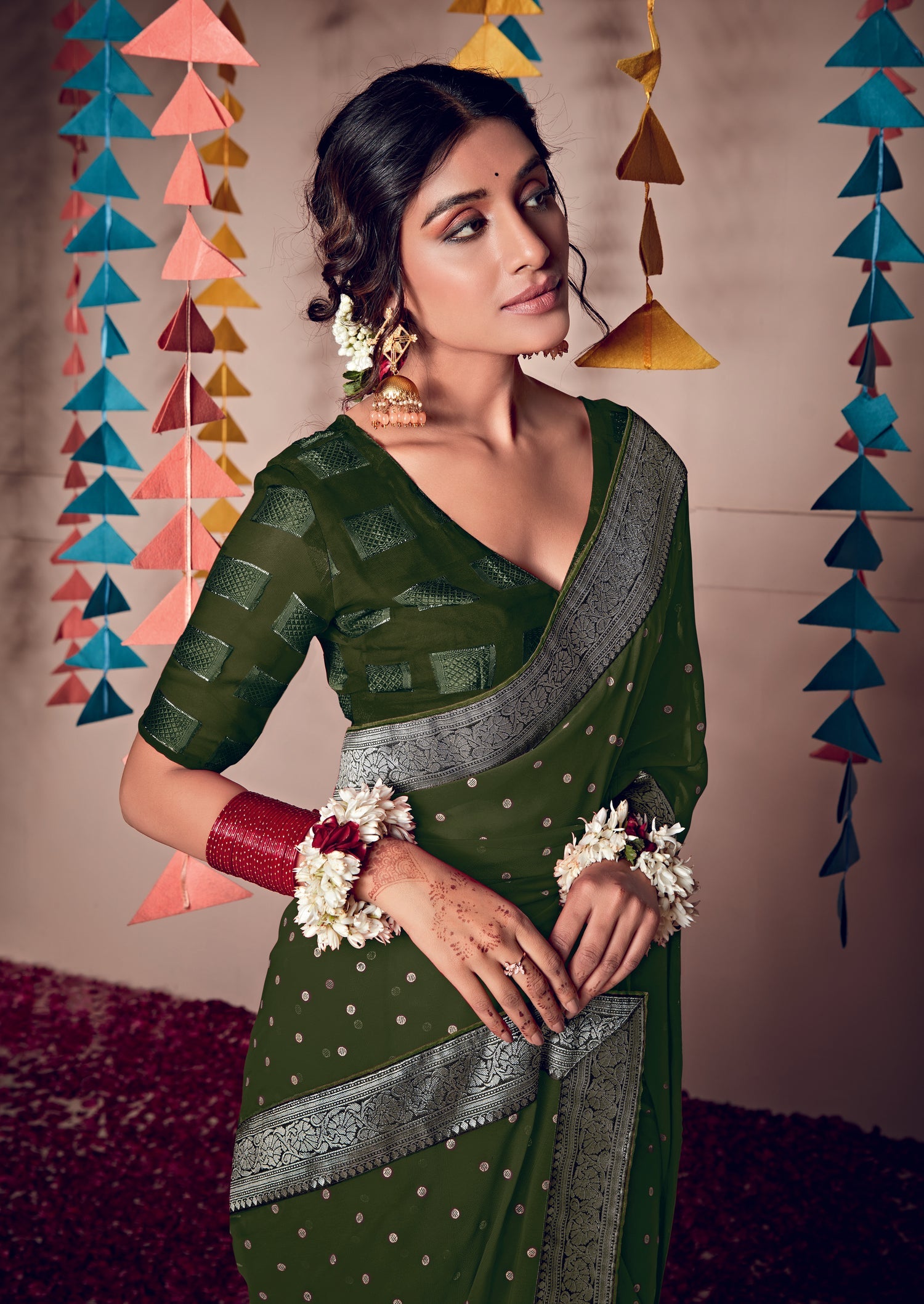 Buy MySilkLove Thatch Green Woven Georgette Saree Online