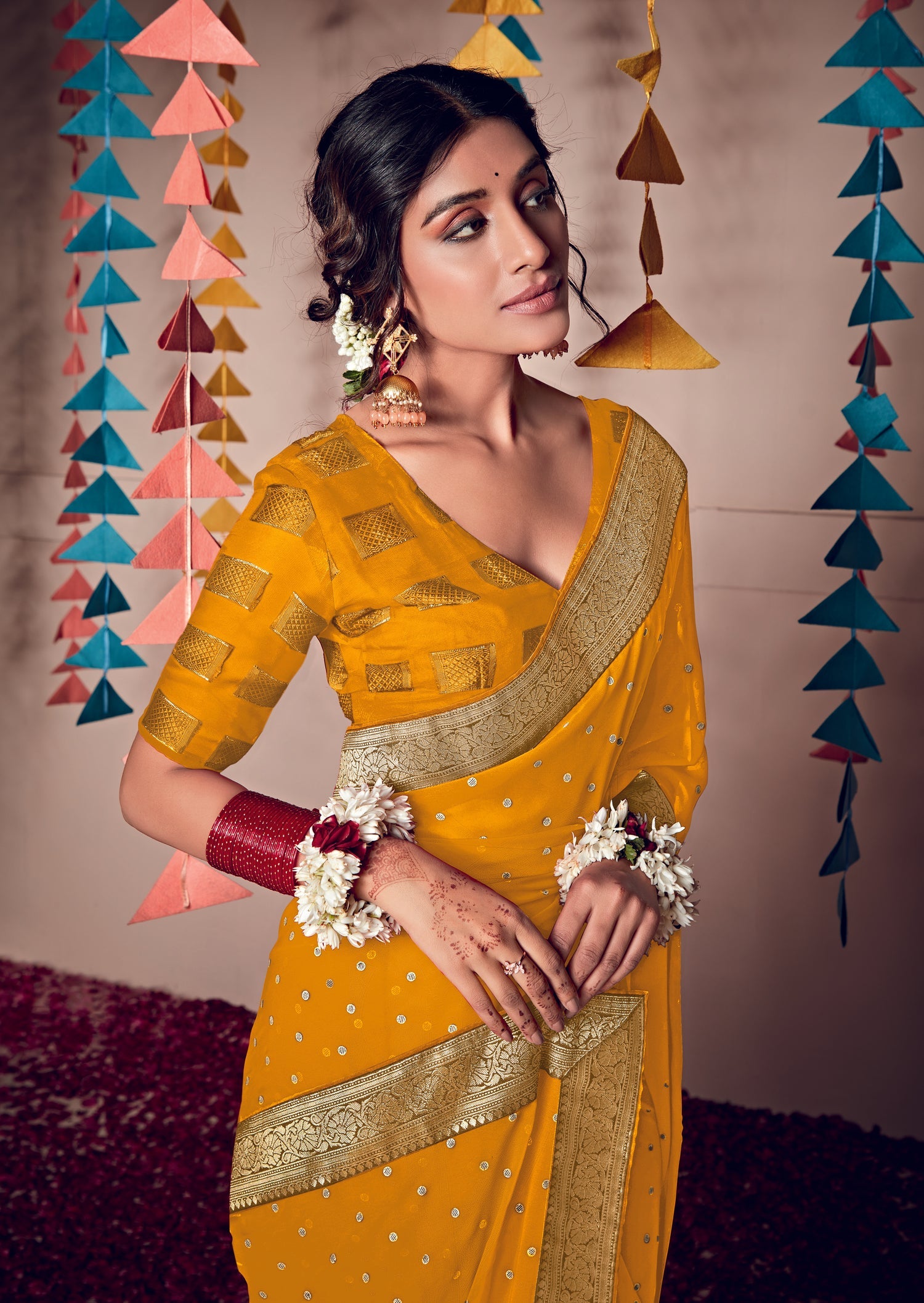 Buy MySilkLove Zest Yellow Woven Georgette Saree Online