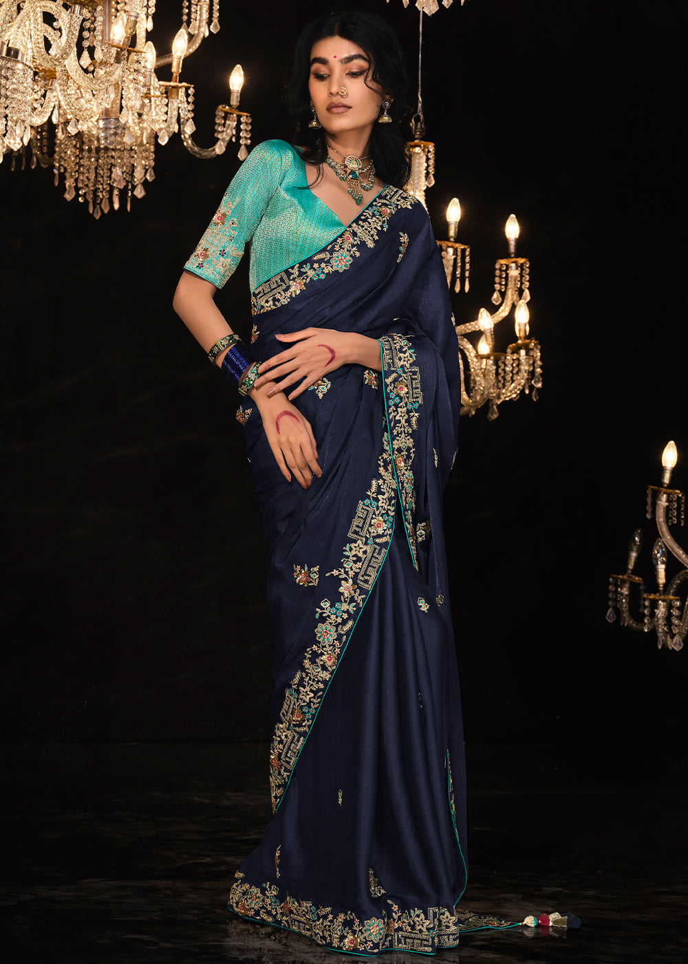 Buy MySilkLove Space Blue Embroidered Designer Satin Silk Saree Online