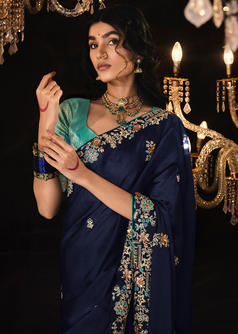 Buy MySilkLove Space Blue Embroidered Designer Satin Silk Saree Online