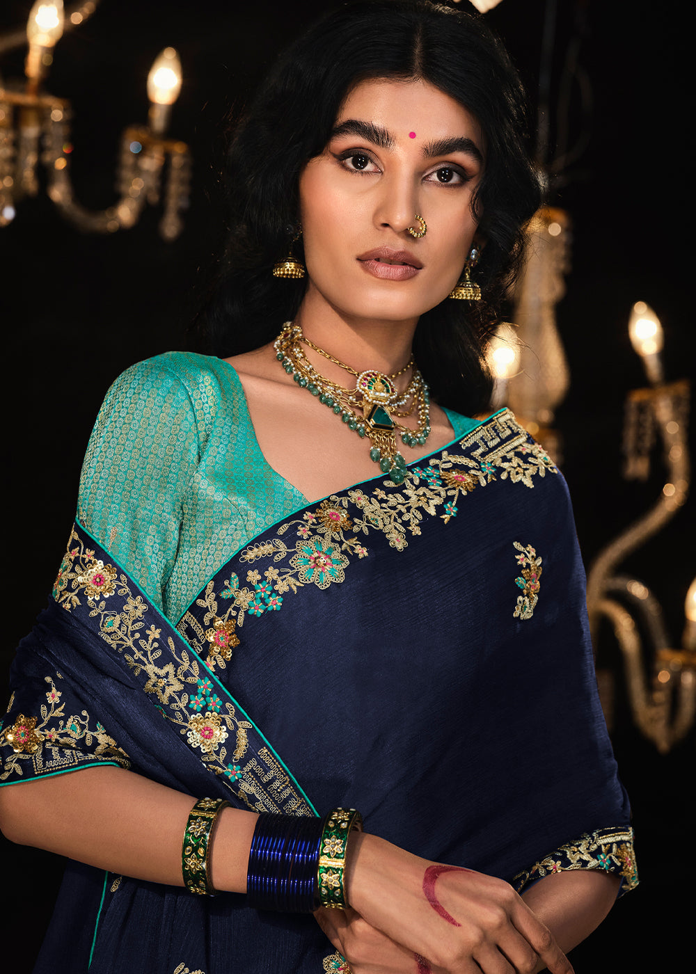 Buy MySilkLove Space Blue Embroidered Designer Satin Silk Saree Online