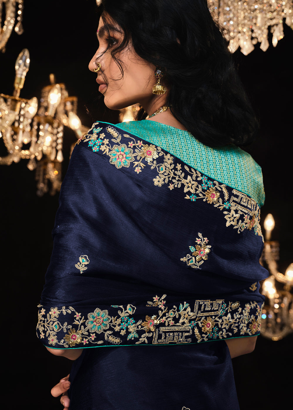 Buy MySilkLove Space Blue Embroidered Designer Satin Silk Saree Online