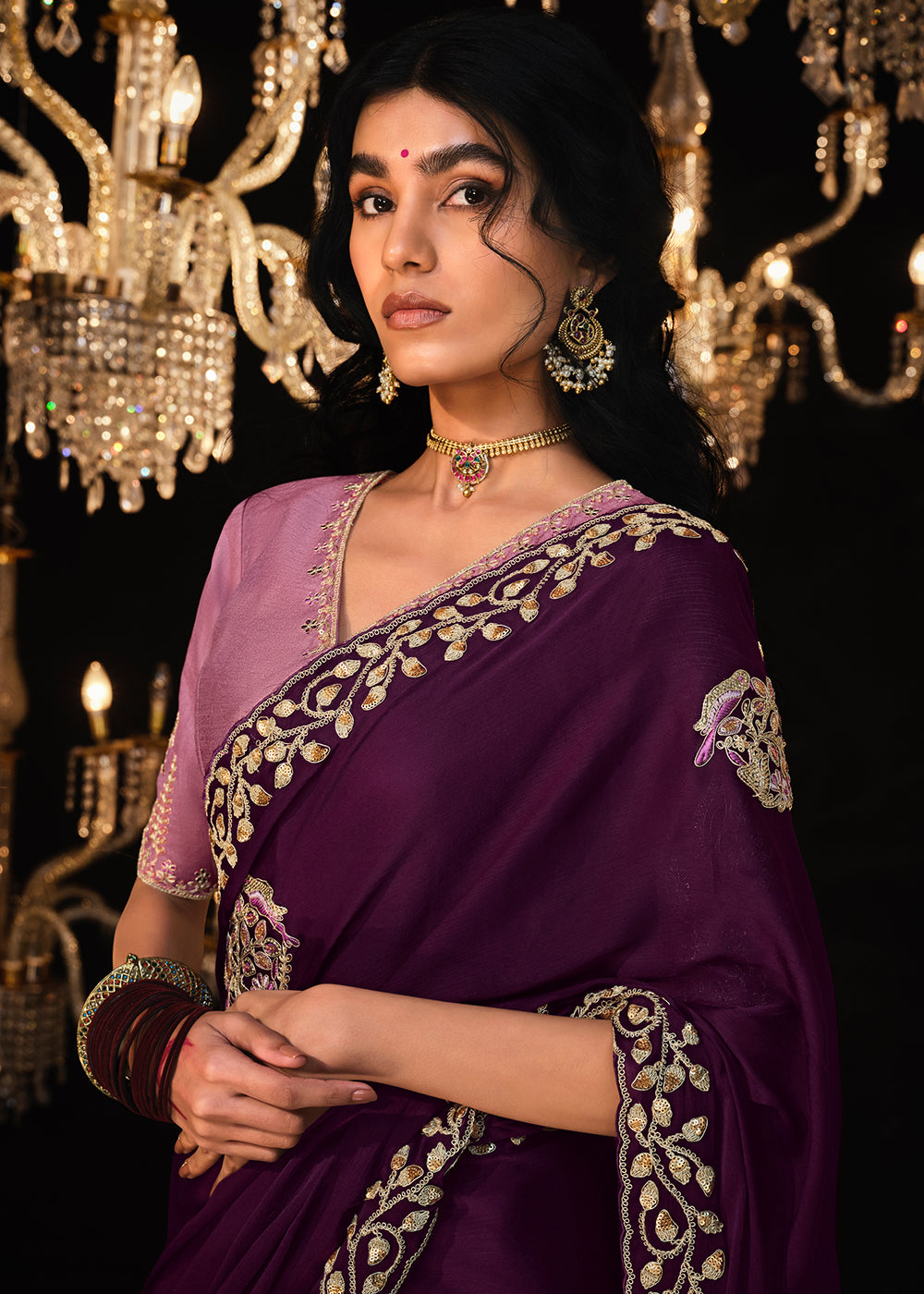 Buy MySilkLove Wine Berry Purple Embroidered Designer Satin Silk Saree Online