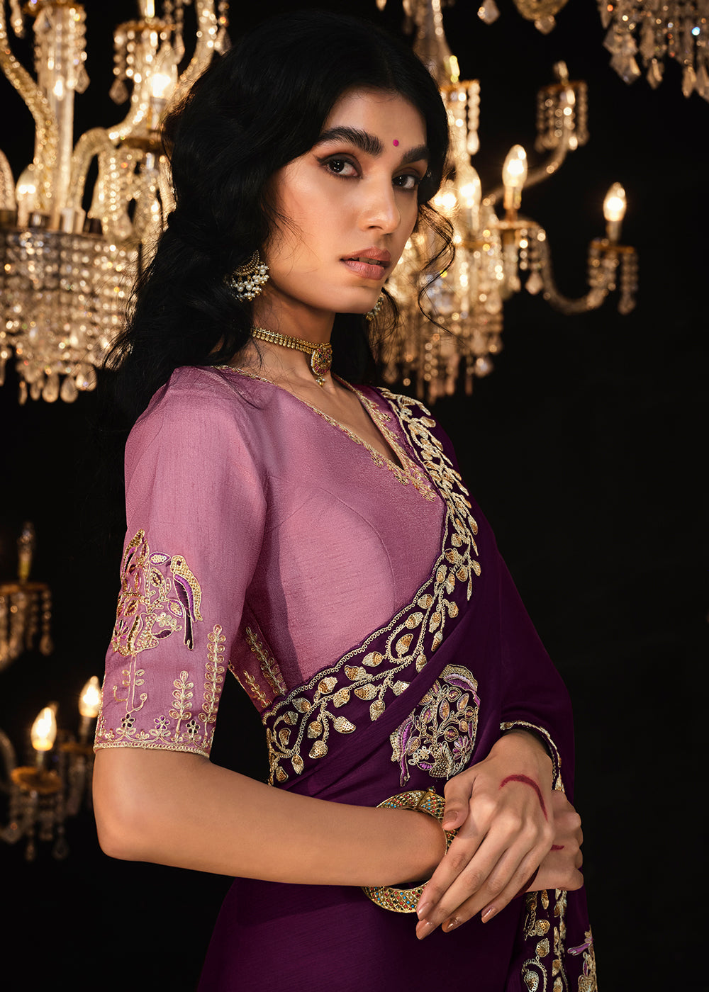 Buy MySilkLove Wine Berry Purple Embroidered Designer Satin Silk Saree Online