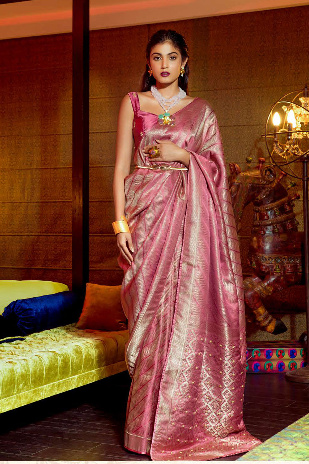 Buy MySilkLove Chestnut Pink Zari Woven Satin Silk Saree Online