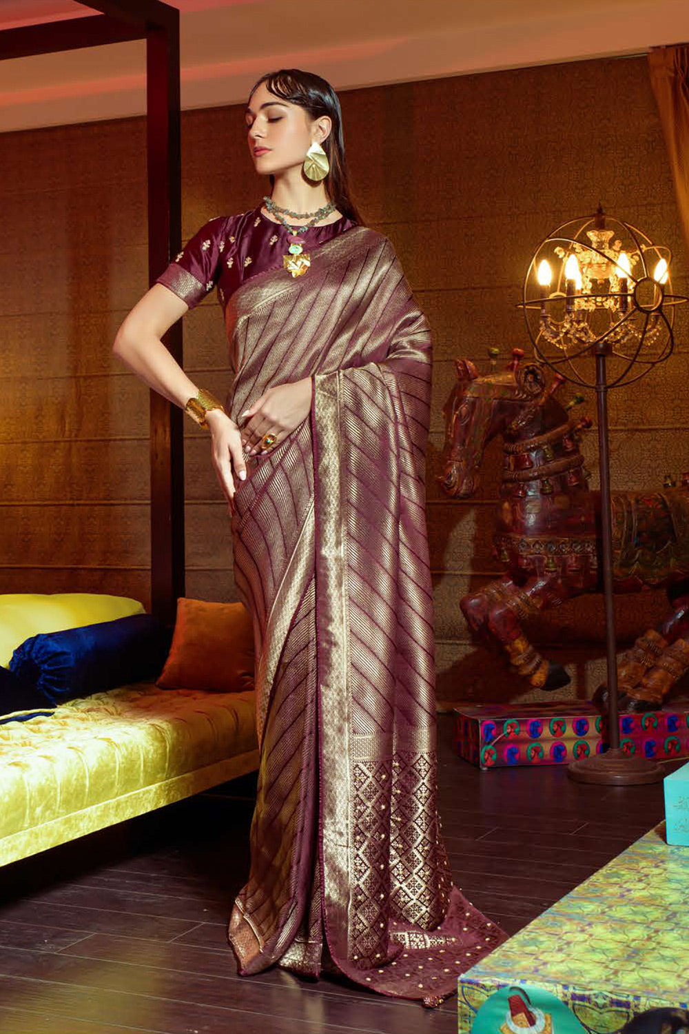 Buy MySilkLove Roman Coffee Brown Zari Woven Satin Silk Saree Online