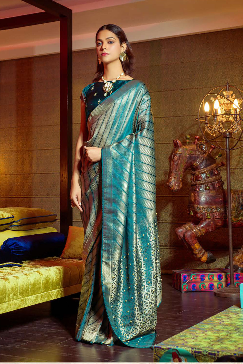 Buy MySilkLove Hippie Blue Zari Woven Satin Silk Saree Online