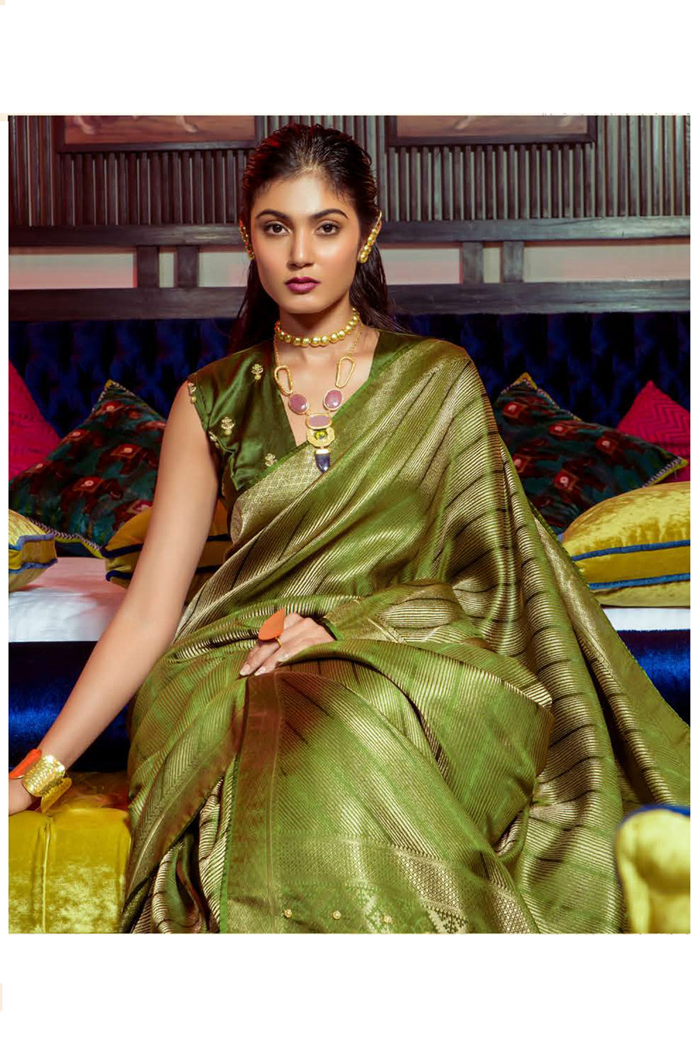 MySilkLove Pacifika Green Zari Woven Satin Silk Saree