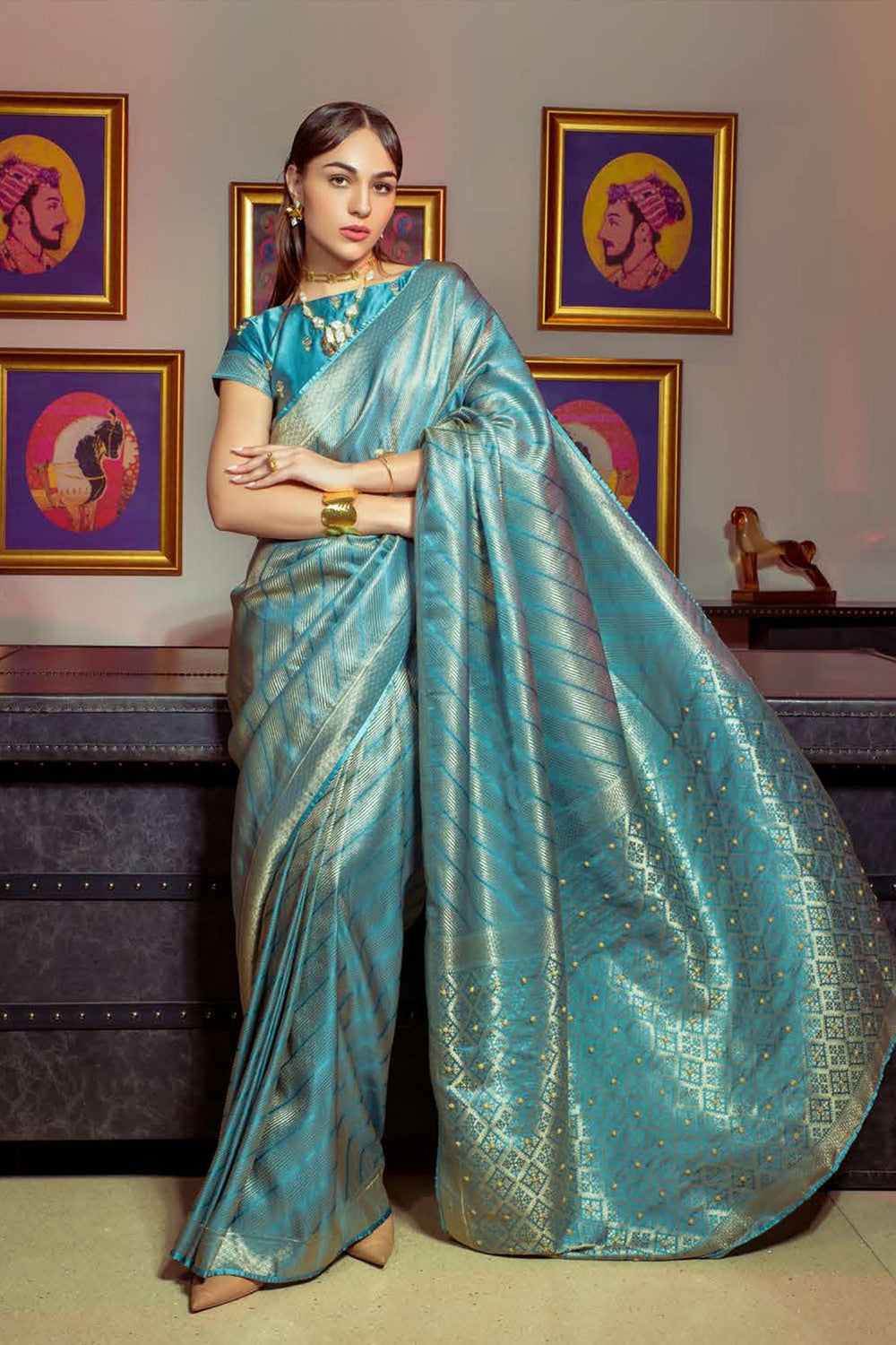 Buy MySilkLove Neptune Blue Zari Woven Satin Silk Saree Online