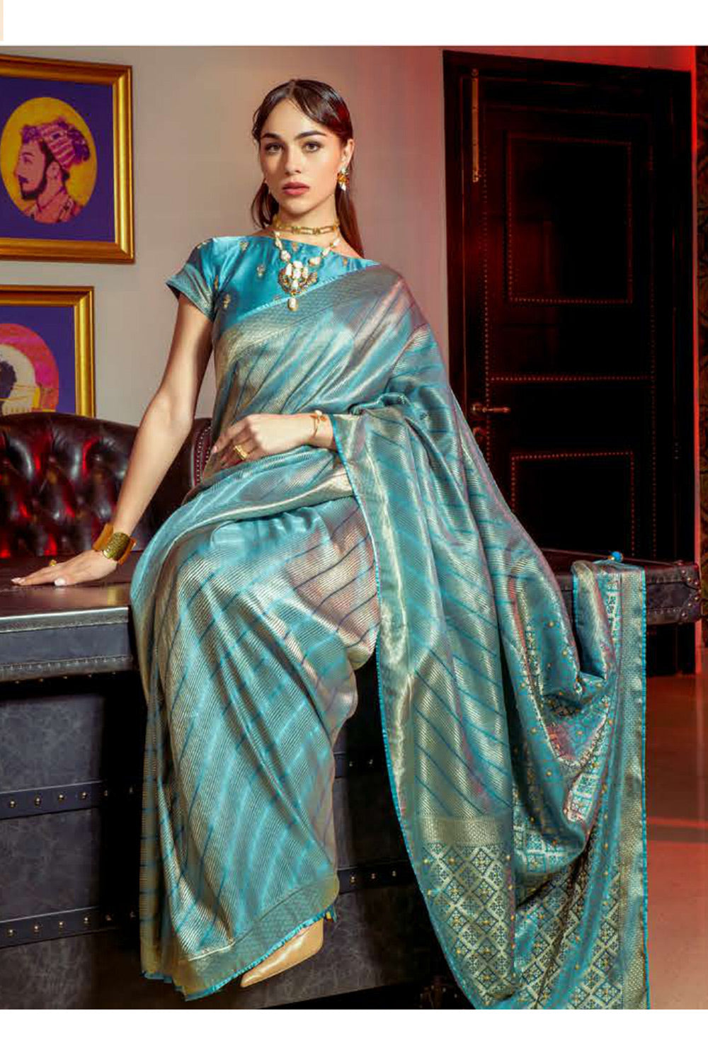 Buy MySilkLove Neptune Blue Zari Woven Satin Silk Saree Online