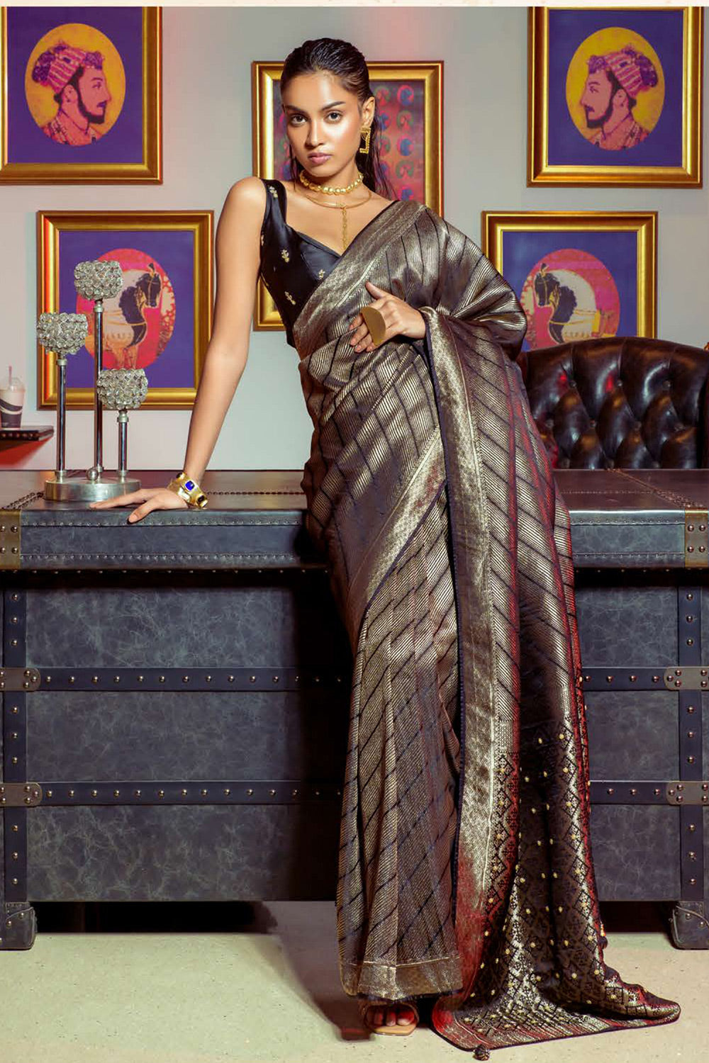 Buy MySilkLove Nero Black Zari Woven Satin Silk Saree Online