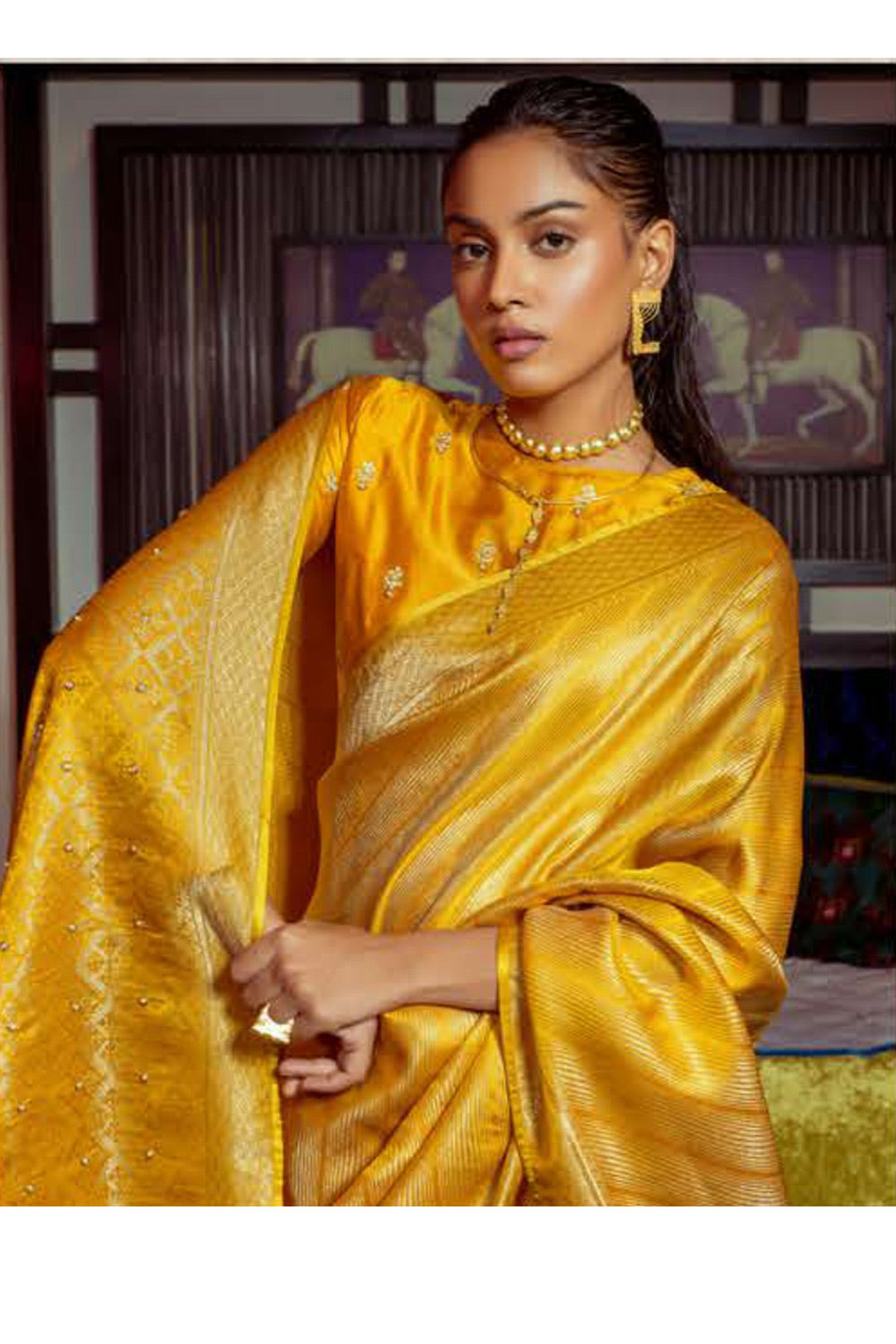 Buy MySilkLove Ronchi Yellow Zari Woven Satin Silk Saree Online