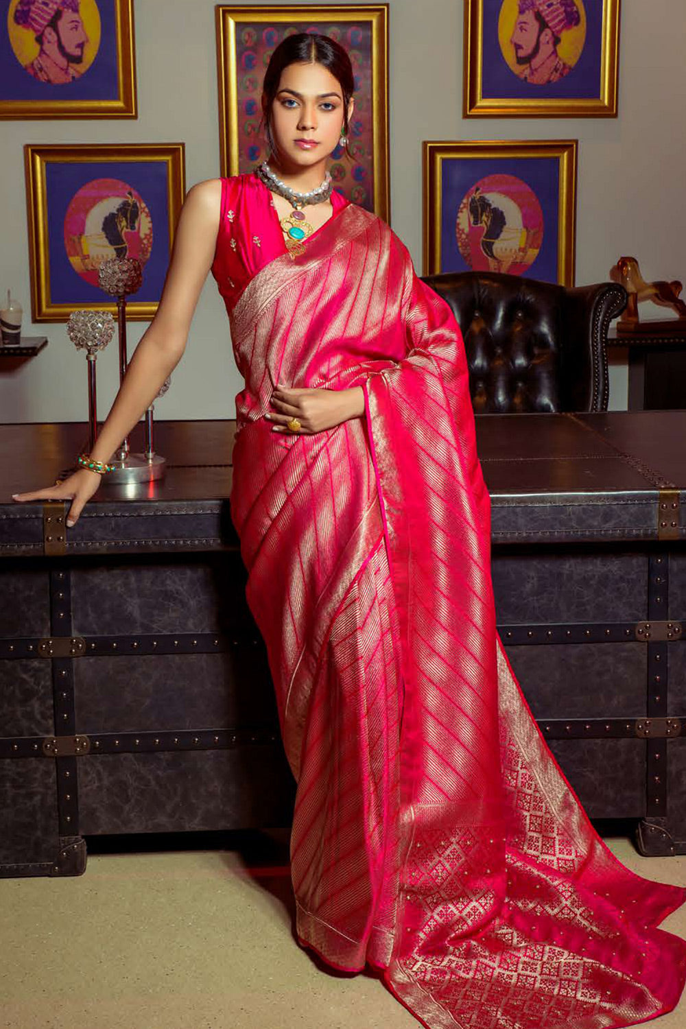 Buy MySilkLove Rose Pearl Pink Zari Woven Satin Silk Saree Online