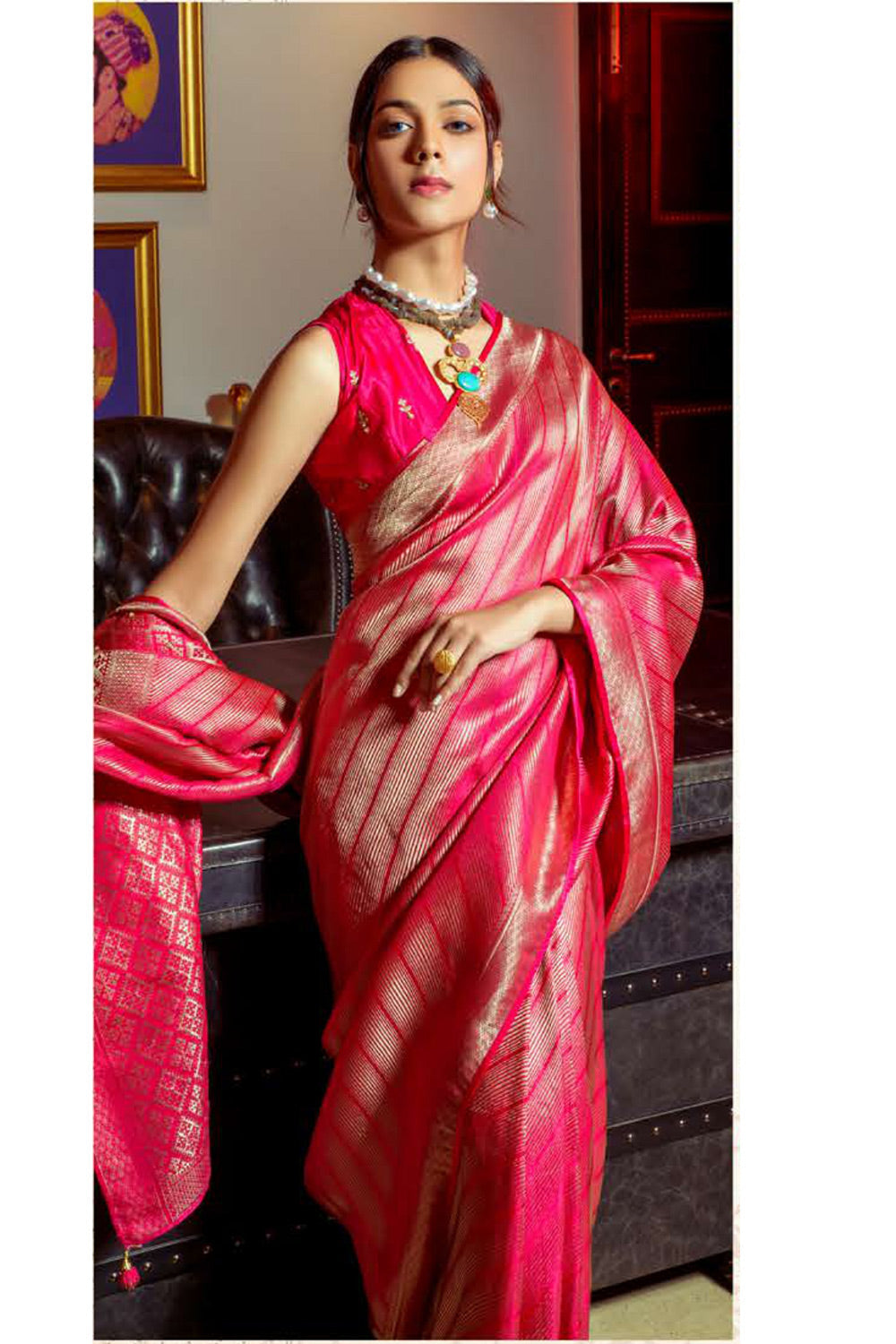 MySilkLove Rose Pearl Pink Zari Woven Satin Silk Saree