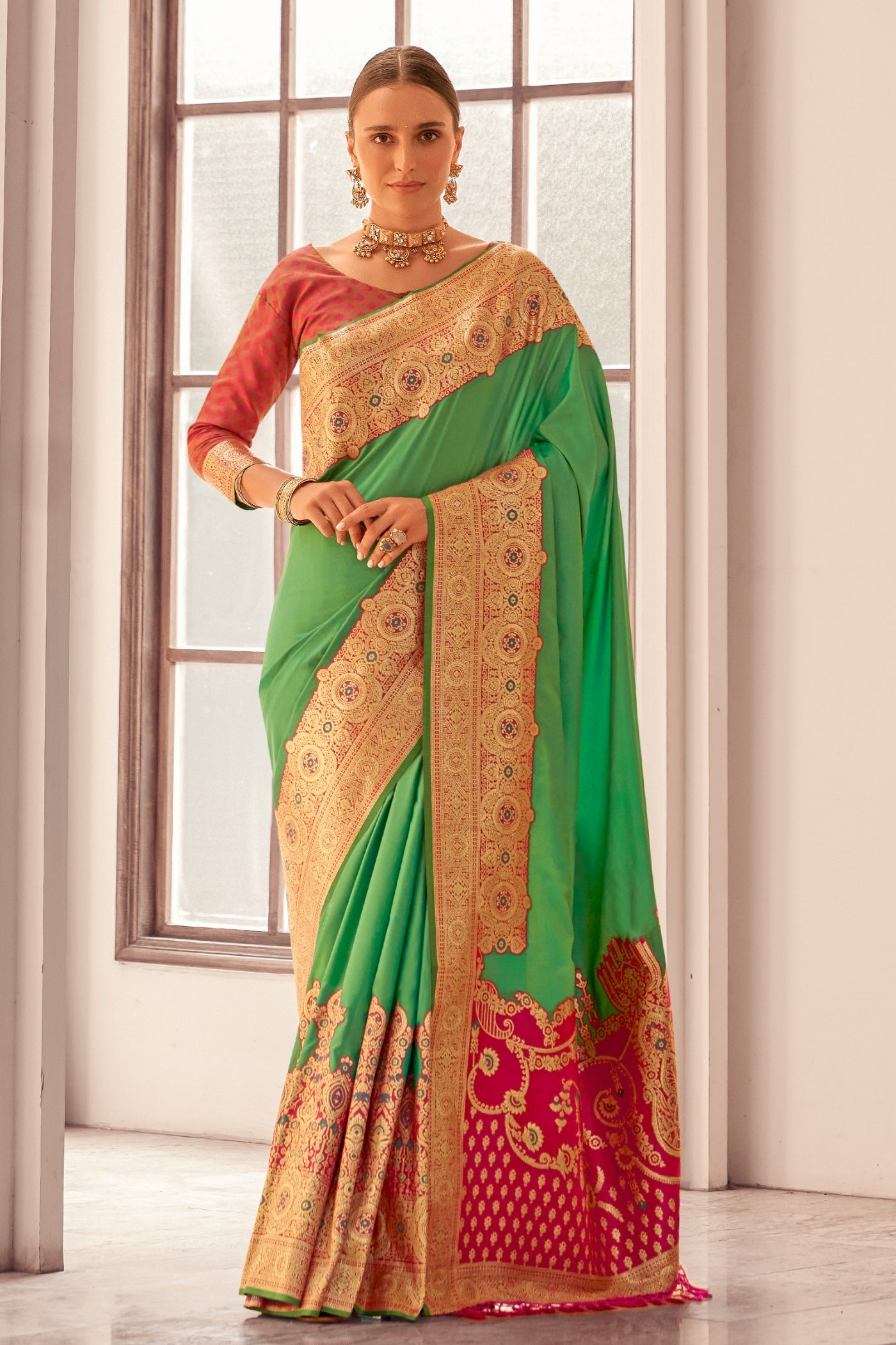 Buy MySilkLove Kelly Green Woven Banarasi Soft Silk Saree Online