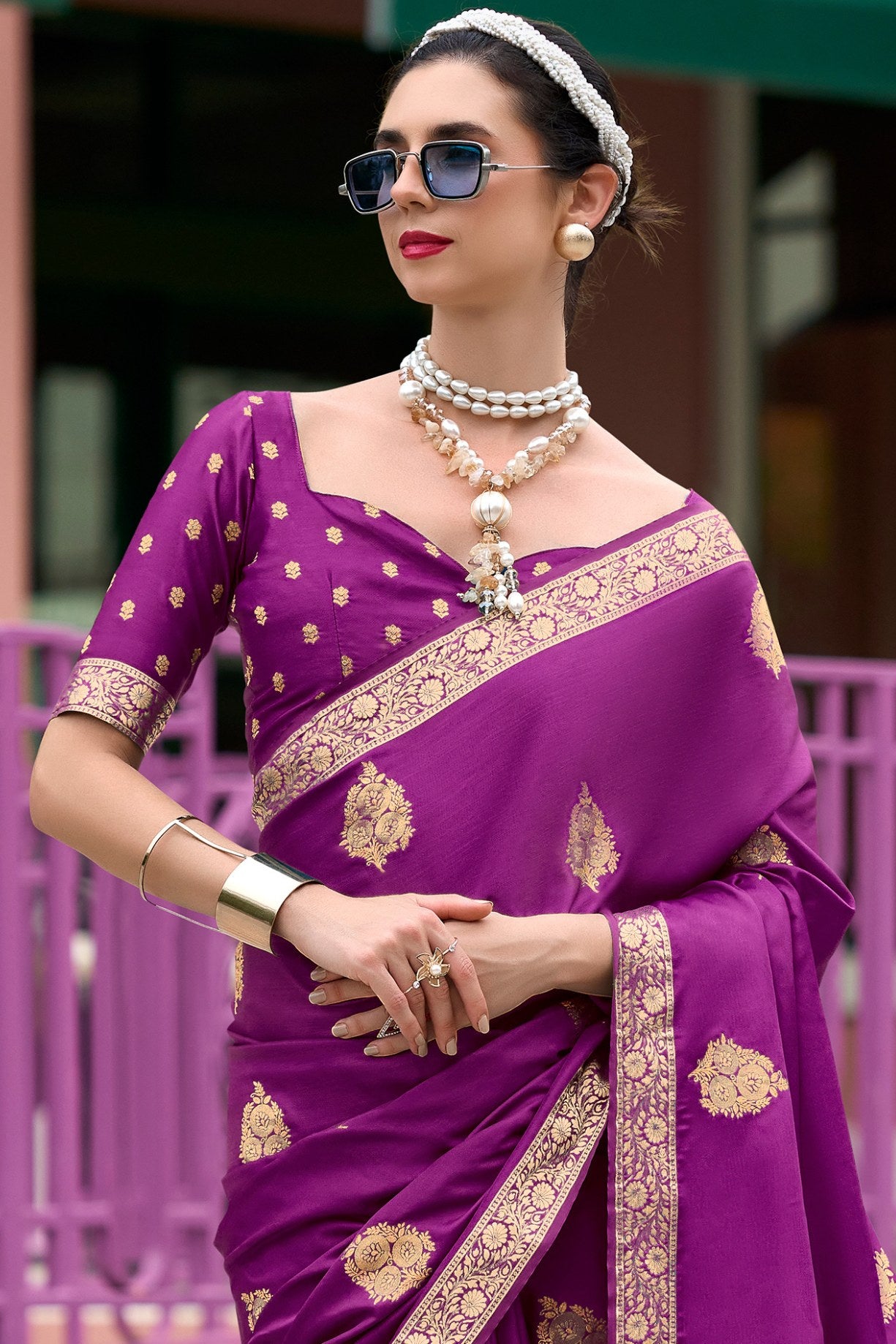 Buy MySilkLove Midnight Pearl Purple Banarasi Handloom Satin Saree Online