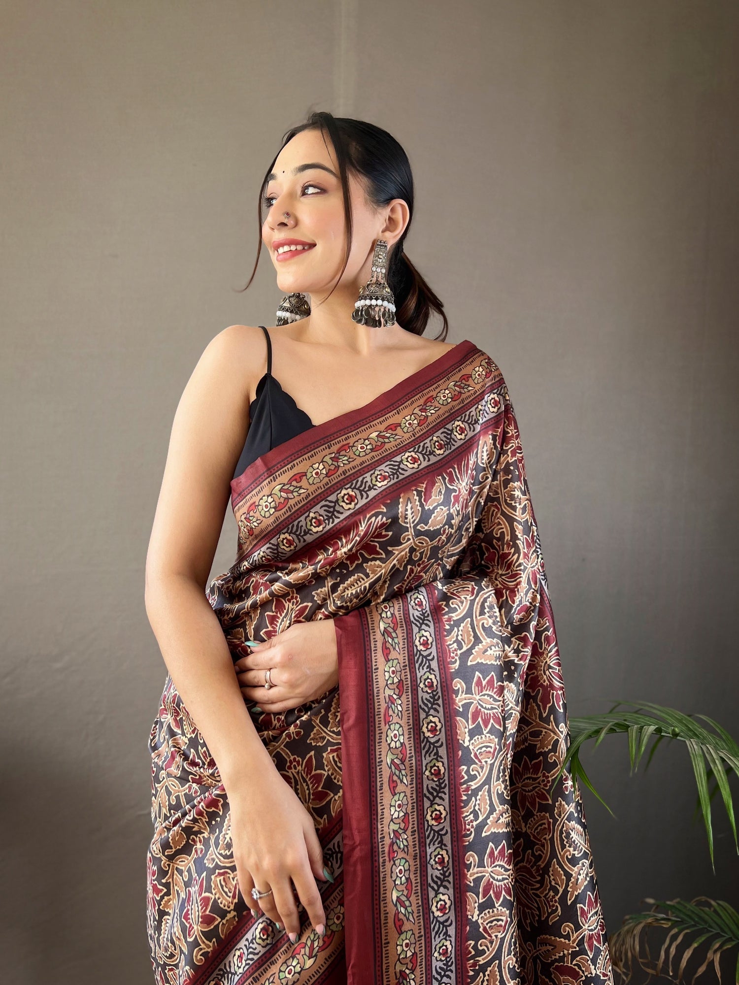 Buy MySilkLove Birch Gery and Brown Ajrakh Printed Saree Online