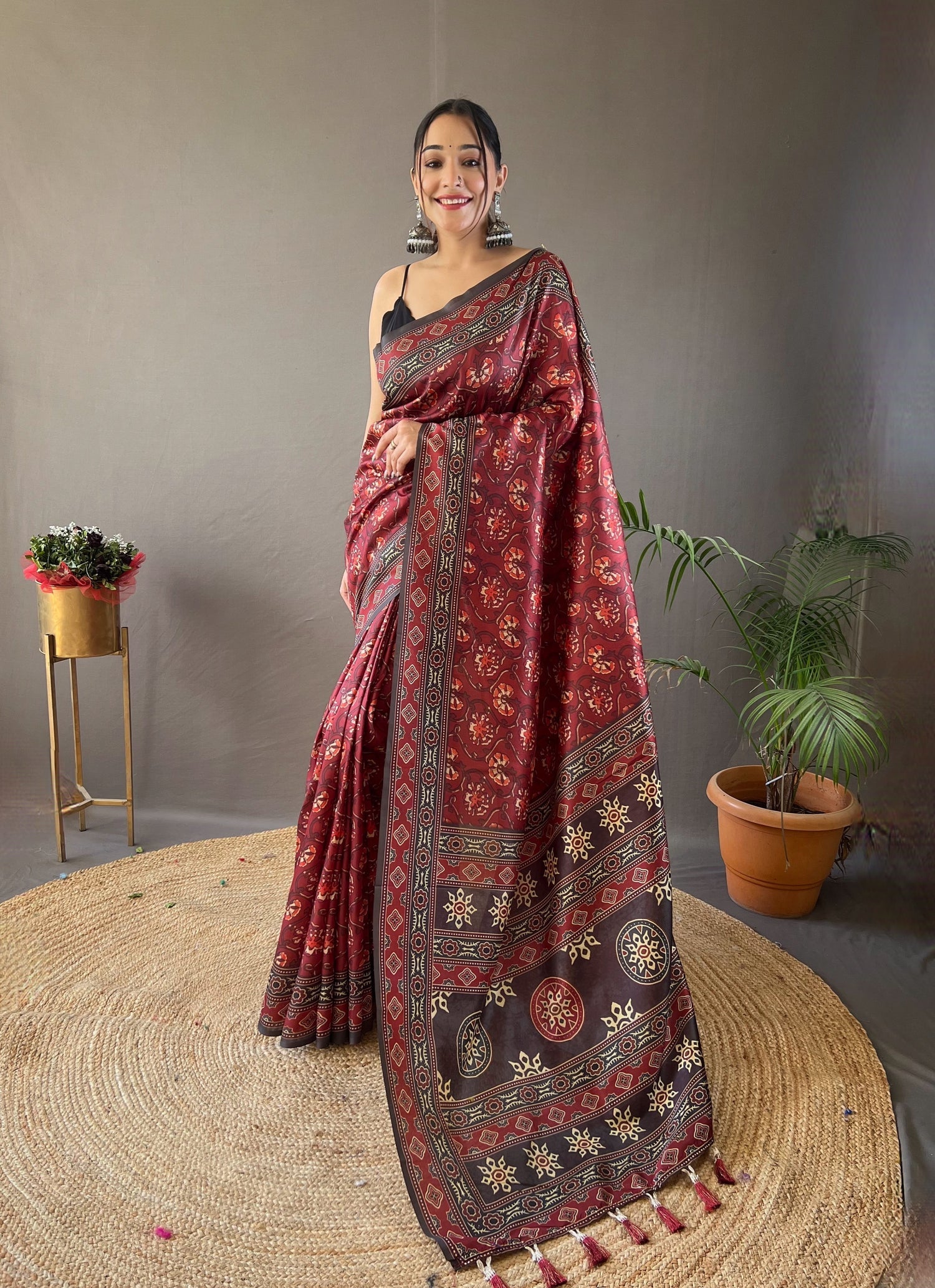 Buy MySilkLove Tosca Maroon Ajrakh Printed Saree Online