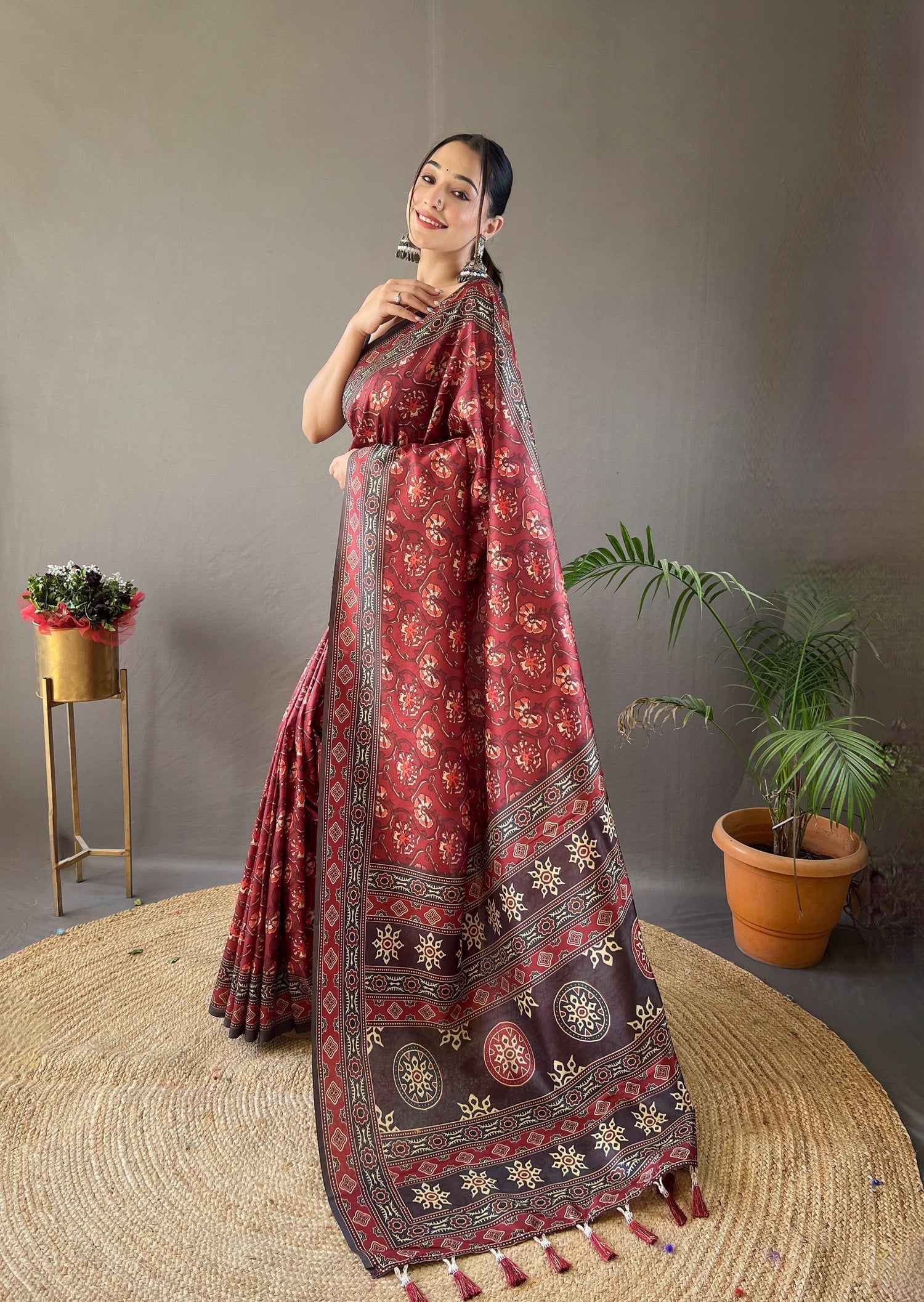 MySilkLove Tosca Maroon Ajrakh Printed Saree