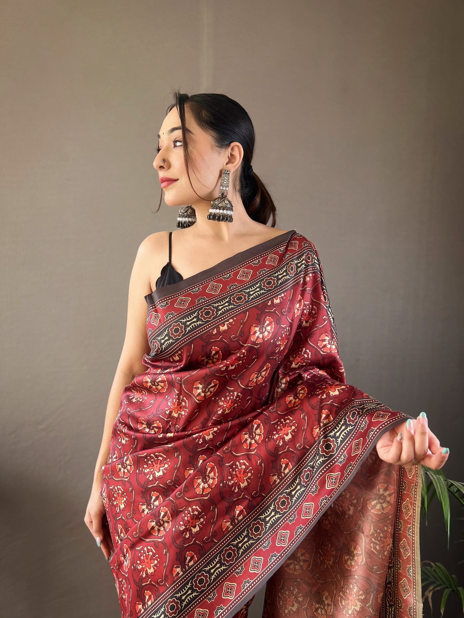 Buy MySilkLove Tosca Maroon Ajrakh Printed Saree Online