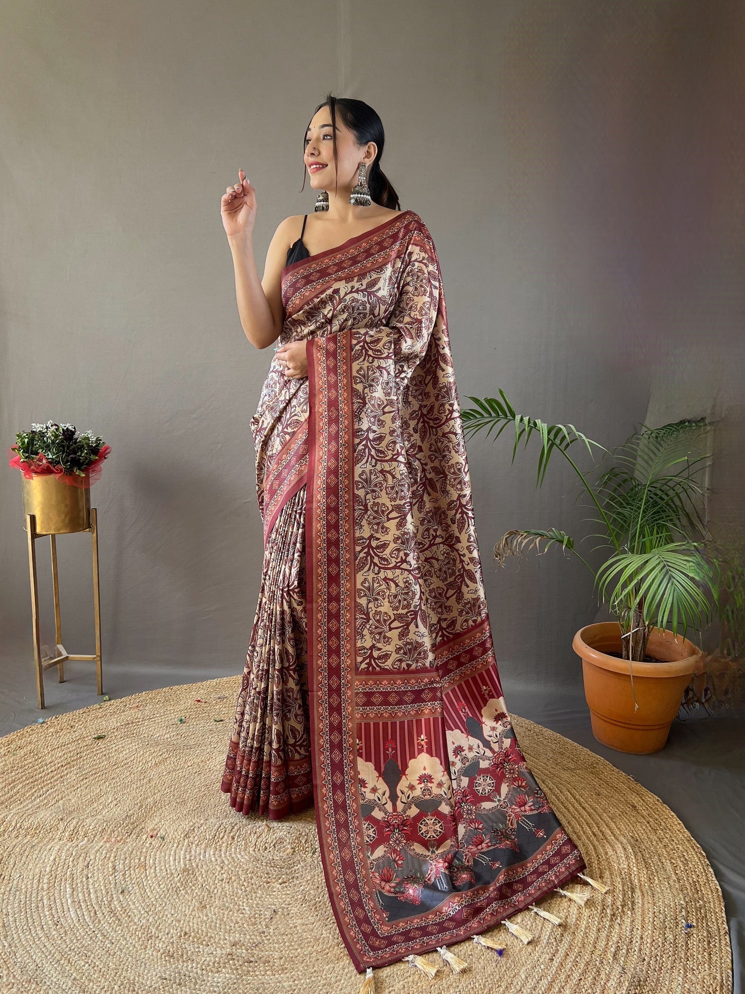 Buy MySilkLove Cameo Cream and Red Ajrakh Printed Saree Online