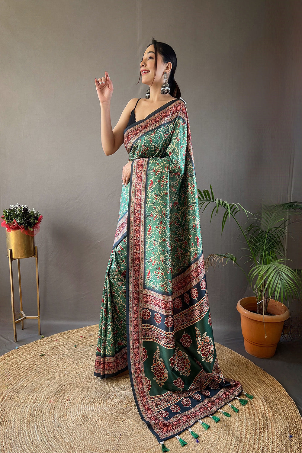 Buy MySilkLove Willow Grove Green Ajrakh Printed Saree Online