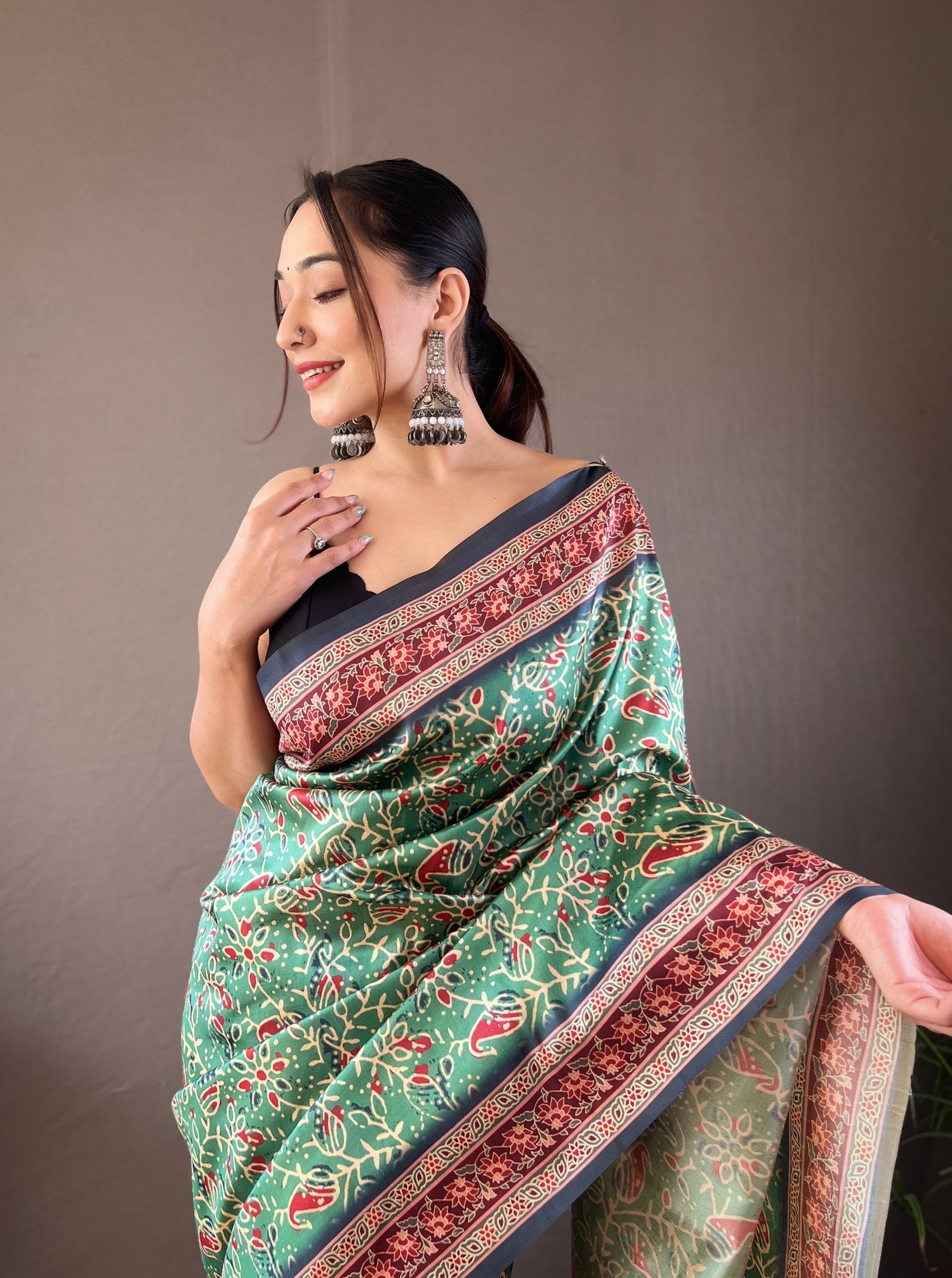 Buy MySilkLove Willow Grove Green Ajrakh Printed Saree Online